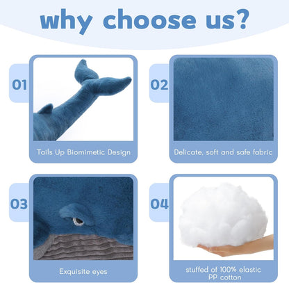 MaoGoLan Giant Whale Stuffed Animal 4 feet Big Stuffed Humpback Plush 43.3 inch Blue Whale Toy for Kids Girls Sealife Ocean Animals Gifts for Women Adults Valentine's Day Christmas Birthday