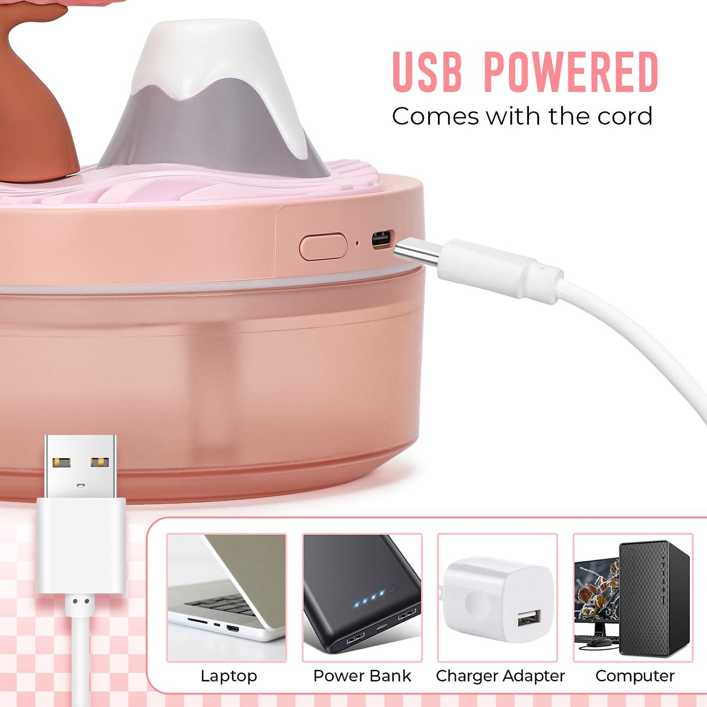 Cute Flower Mini Humidifier, 260ml Gardenia Desktop Humidifiers for Bedroom, Portable Small Cool Mist Humidification for Home, Baby Nursery, Office & Indoor Plants, USB Powered (Pink)