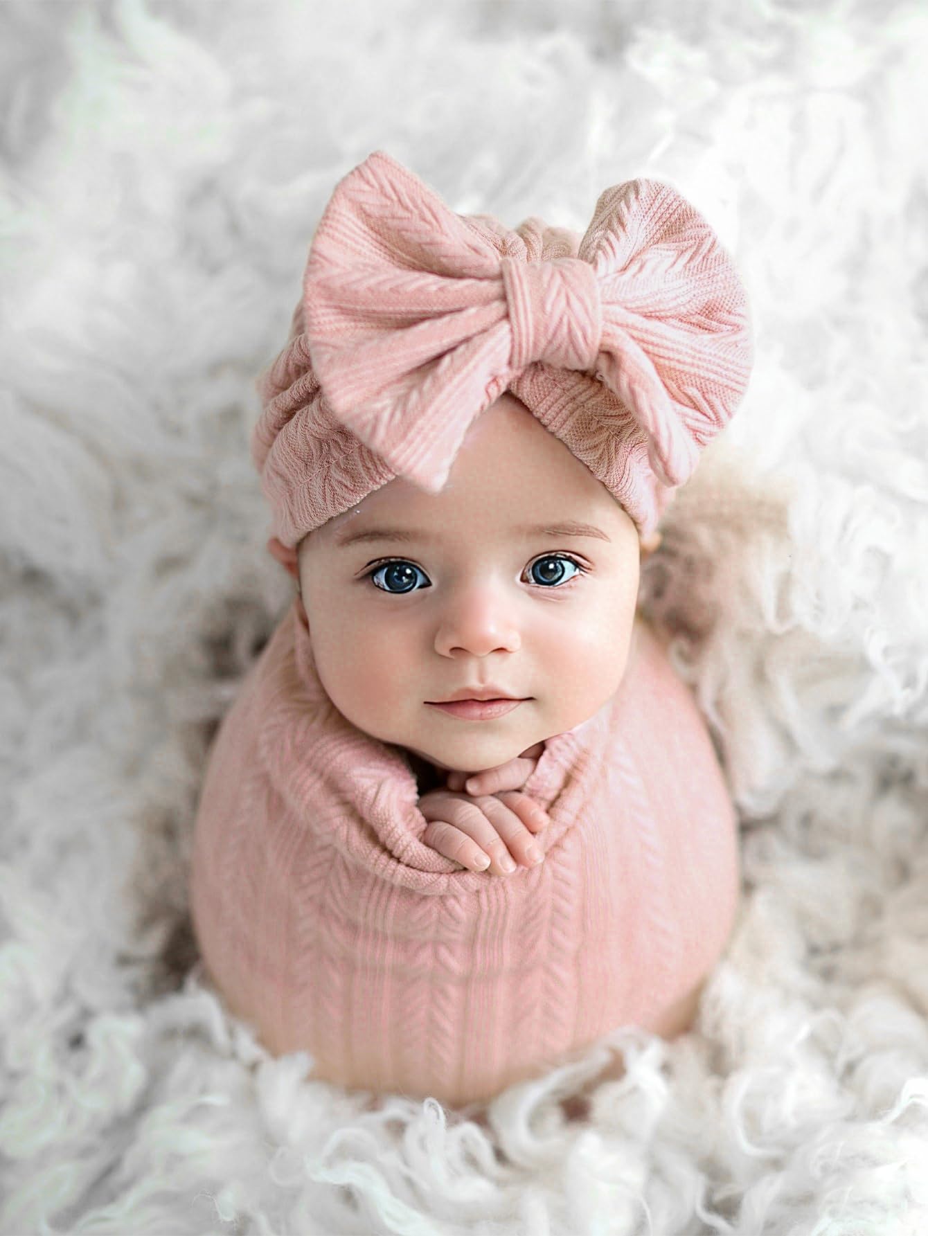 Jastore Baby Infant Swaddle Blankets for Girls 3PCS Newborn Accessories Set with Matching Hat and Bow Headband (Pale Pink, 33"*35")