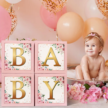 Sabary Baby Boxes with Letters Rustic Floral Pink Baby Shower Backdrop Blocks Box Birthday Party Gender Reveal Photo Props for Girl Boy Shower Decorations(Sweet Baby)