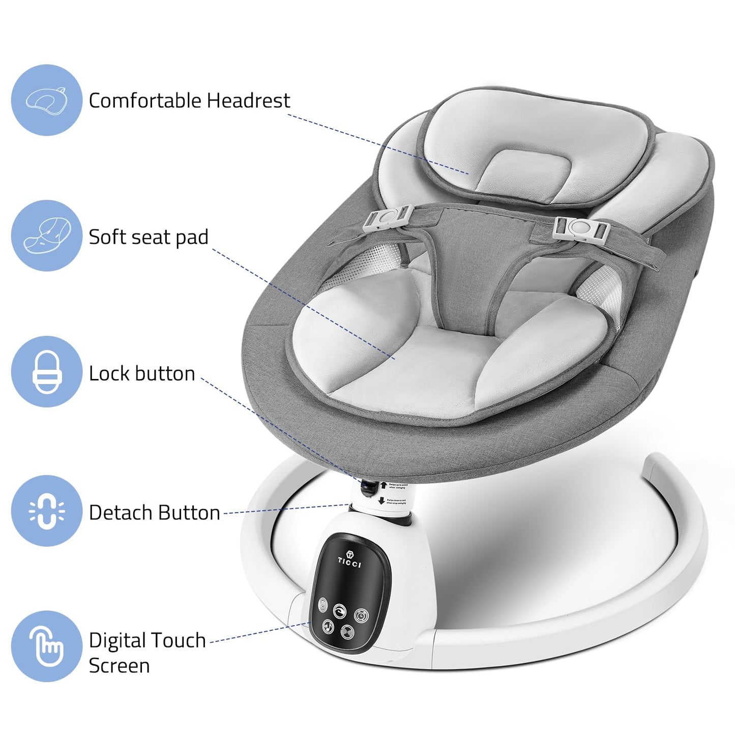 T TICCI Baby Swings for Infants, Smart Portable Baby Swing for Newborn, Bluetooth Infant Swing with Music Speaker, Remote Control Indoor Rocker with 5 Sway Speeds, 0-6 Months, Pink
