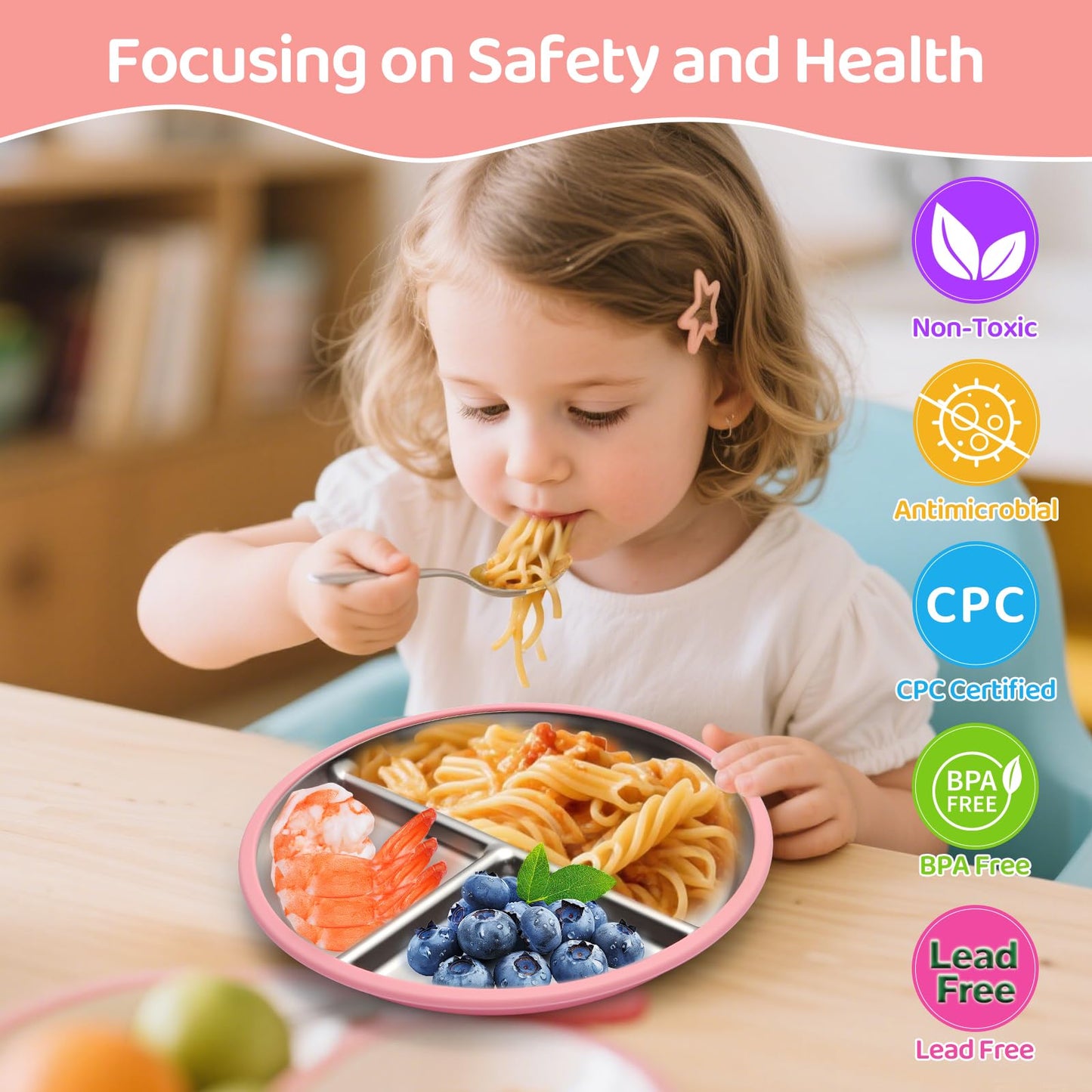 Stainless Steel Kids Plates, 2 Pcs Baby Silicone Suction Plate, 9" Divided Toddler Stainless Steel Plates, Non Toxic & BPA Free Non Slip, Dishwasher & Microwave Safe