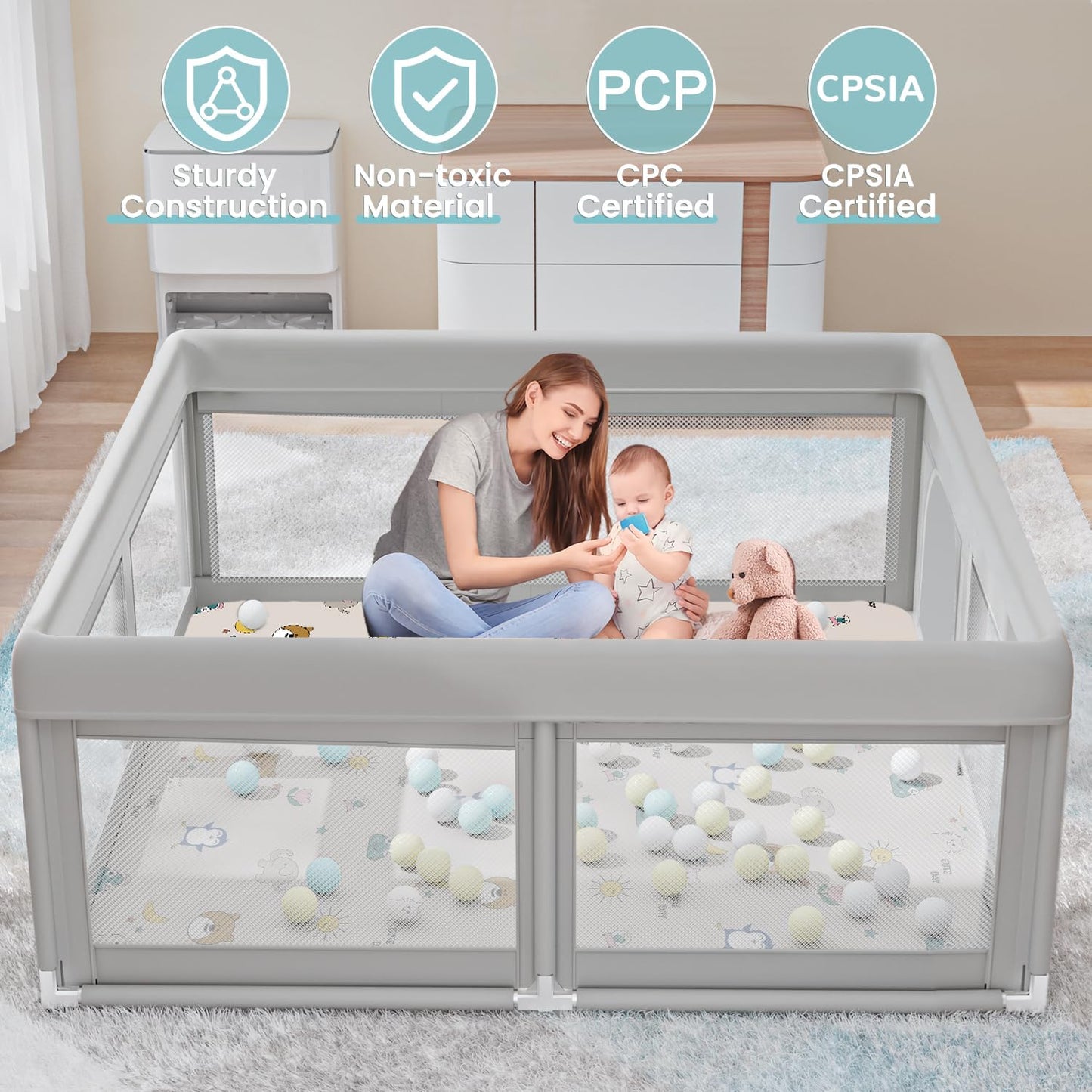 Baby Playpen 50x50 Inch, Play Pens for Babies and Toddlers Baby Fence Baby Play Yards for Indoor & Outdoor with Breathable Mesh Anti-Fall Playpen