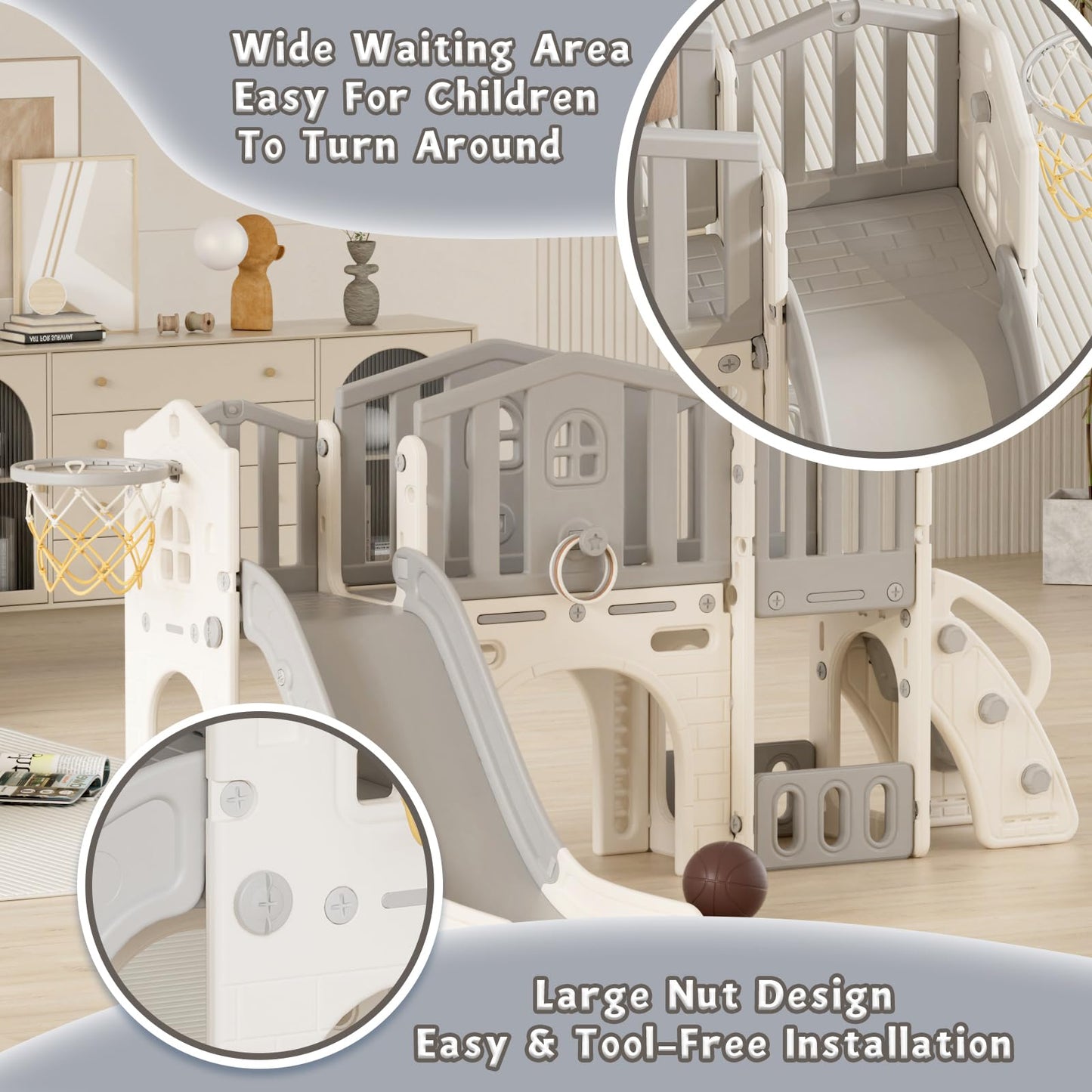 KORIMEFA 8 in 1 Toddler Slide Set, Kids Slide for Toddlers Age 1-3, Toddler Climber PlaySet with Basketball Hoop and Ball, Outdoor Indoor Kids Playground for Toddlers 1-3, Beige
