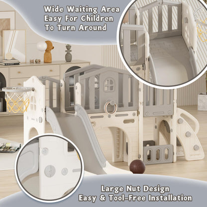 KORIMEFA 8 in 1 Toddler Slide Set, Kids Slide for Toddlers Age 1-3, Toddler Climber PlaySet with Basketball Hoop and Ball, Outdoor Indoor Kids Playground for Toddlers 1-3, Beige