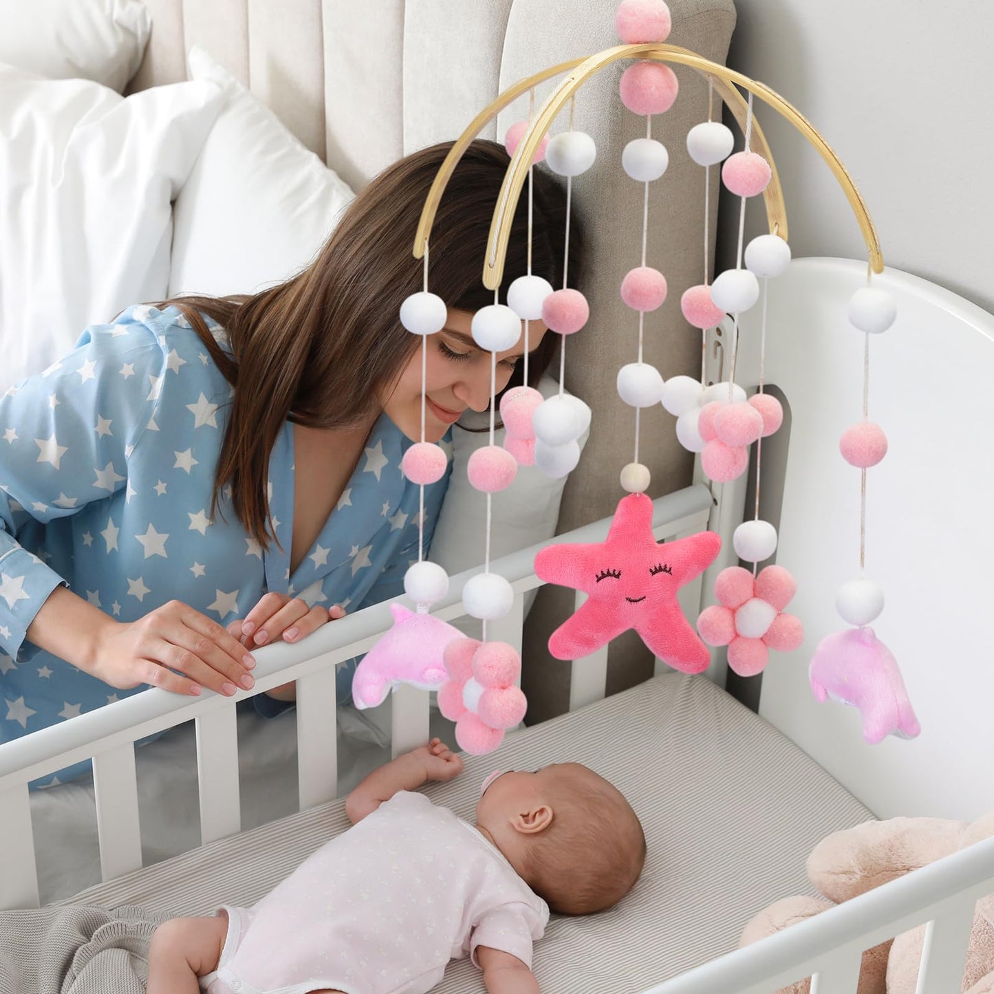 Baby Crib Mobile - Cloud Mobile for Crib, Felt Cloud Nursery, Baby Bassinet Mobile - Shower Set for Infant Bedroom Hanging Decoration (Pink)