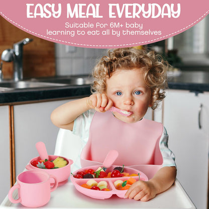 16 Pcs Baby Led Weaning Supplies Silicone Baby Feeding Set Plates with Suction Utensils with Divided Adjustable Bib Bowl Cutlery Snack Cup Spoons Straw 6 Months+(Purple, Pink)