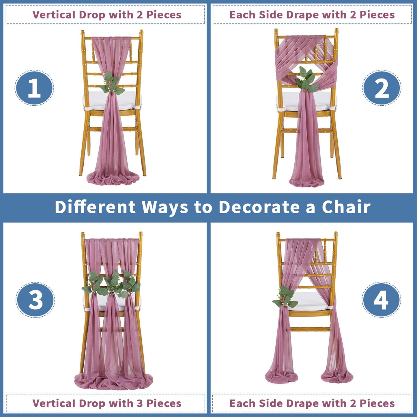 QueenDream Light Blue Sashes Chair Aisle Decorations: 24 Pack Baby Shower Chair Cover 8FT Long Tulle Draping Fabric Wedding Reception Church