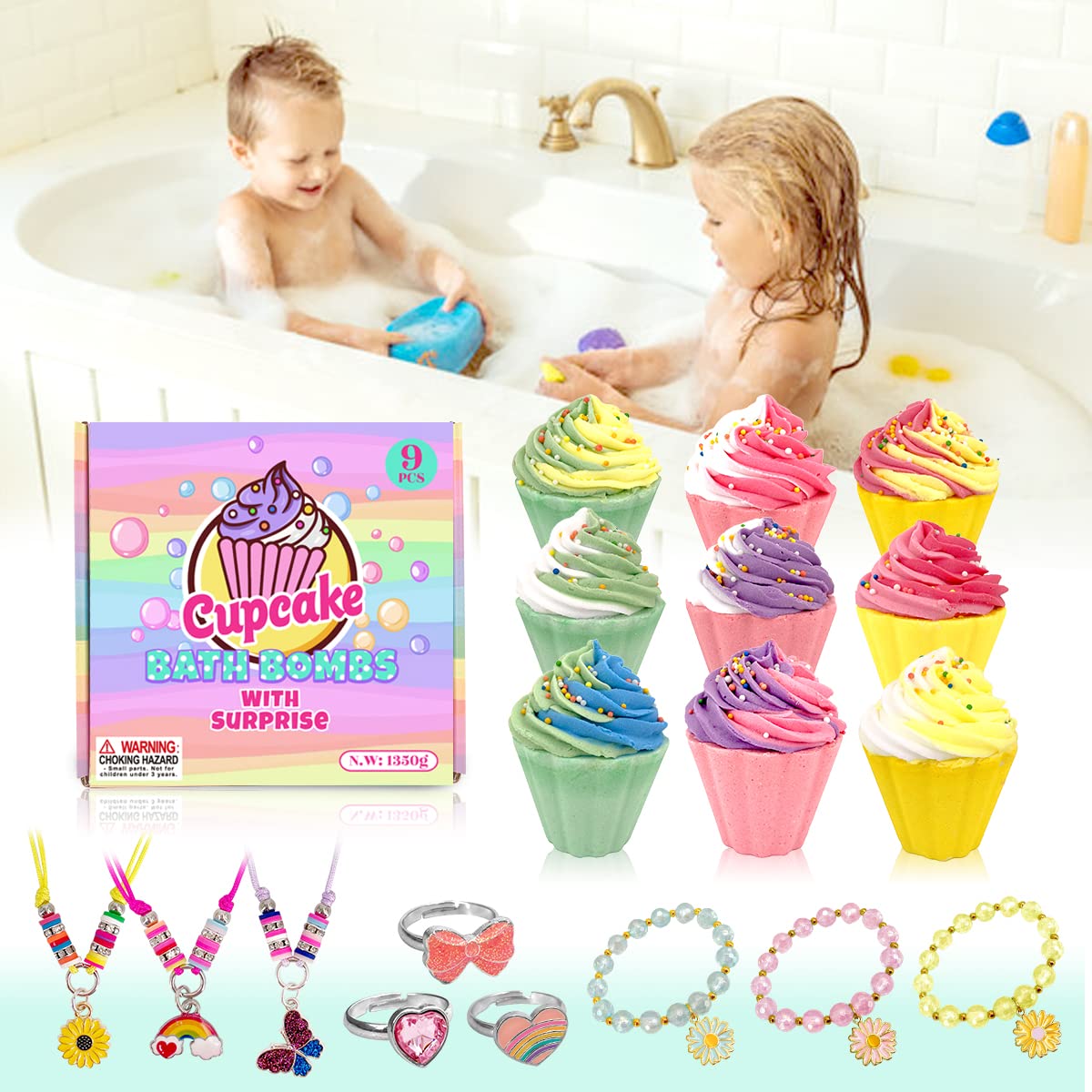 Donut Bath Bombs for Girls, 4oz/Pack of 9 Bath Bombs for Kids with Surprise Inside, Kids Bath Bombs with Jewelry Inside, Bath Bombs for Girl's Birthday Party Favor, Spa Day Gift