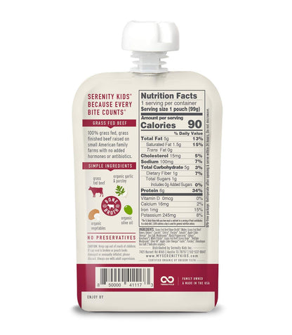 Serenity Kids 7+ Months Bone Broth Puree Made With Organic Veggies - Clean Label Project Purity Award Certified - 3.5 Ounce BPA-Free Pouch - Grass Fed Beef Pot Roast - 12 Count - Baby Food Pouch