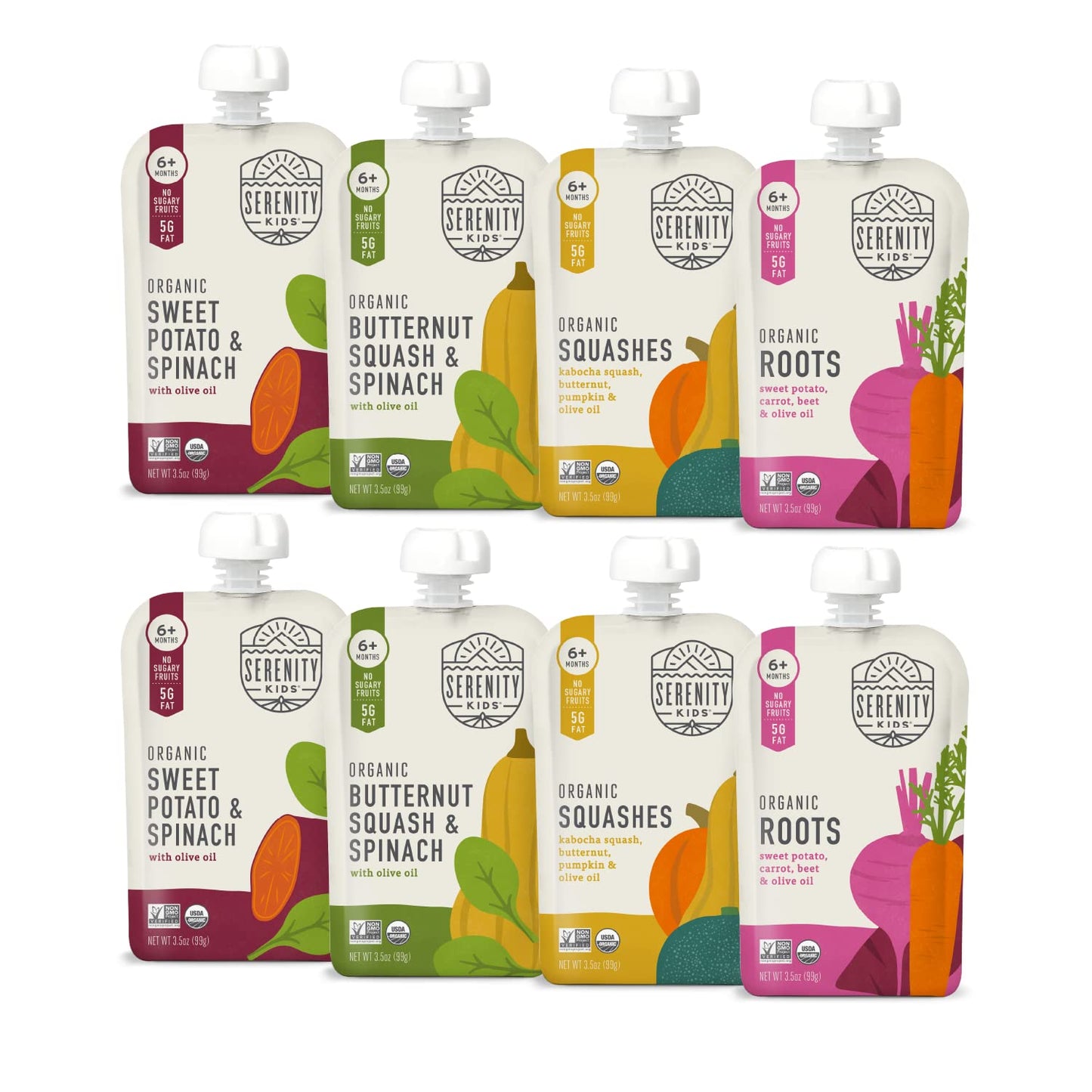 Serenity Kids 6+ Months Baby Food Pouches - Puree with Ethically Sourced Meat & Organic Veggies - 3.5 Ounce BPA-Free Pouch - Variety Pack, 8 Count - Baby Food Meat