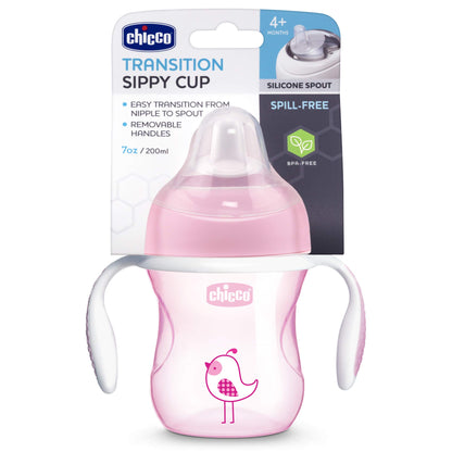 Chicco Transition Sippy Cup with Silicone Spout and Spill-Free Lid 7oz.| Calibration Markings | Removable Handles | Top-Rack Dishwasher Safe | Easy to Hold with Ergonomic Indents | Pink| 4+ Months