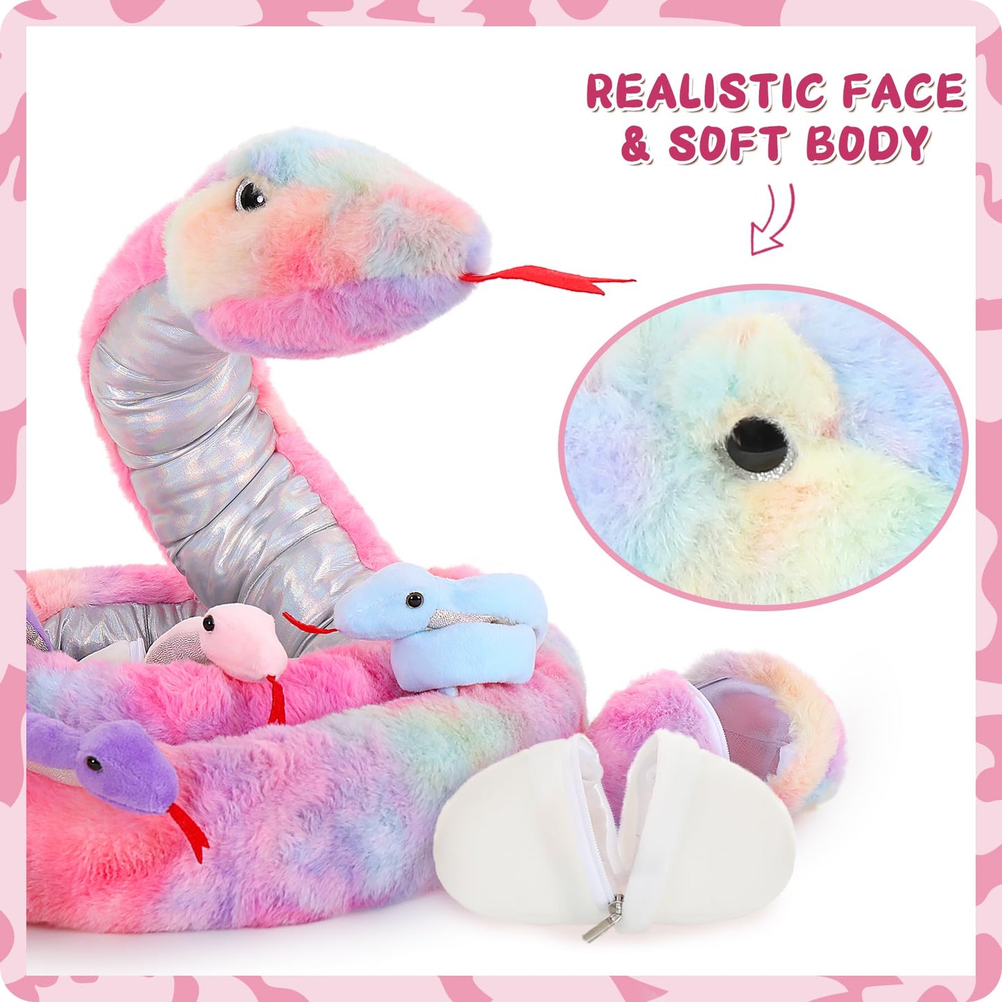 MorisMos Snake Stuffed Animals Plush Toy 120 Inch Giant Snake Plush with Babies Stuffed Snake Toys for Kids Plush Party Decorations Favors Prank Props, 4 Snake Babies, 3 Snake Eggs