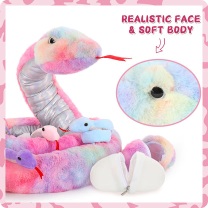 MorisMos Snake Stuffed Animals Plush Toy 120 Inch Giant Snake Plush with Babies Stuffed Snake Toys for Kids Plush Party Decorations Favors Prank Props, 4 Snake Babies, 3 Snake Eggs