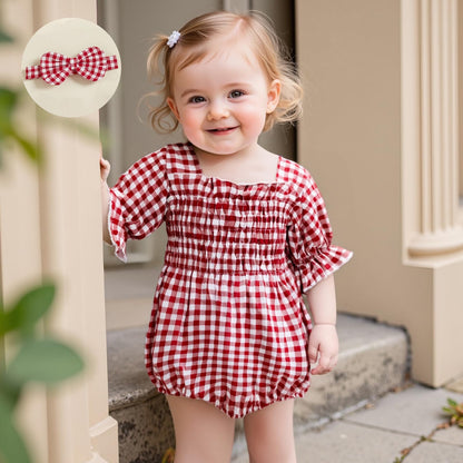 Infant Baby Girls Romper Ruffle Sleeve Pleated Smocked Bubble Plaid One Piece Ruched Jumpsuit Summer Bodysuit