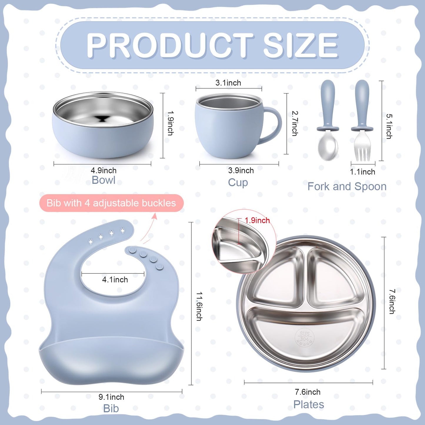 Nuogo 6 Pcs 304 Stainless Steel Kids Plates and Bowls Set Stainless Steel Suction Bowls and Toddler Cup with Removable Silicone, Forks Spoons Pocket Bib for Baby Toddle(Pink,Round)