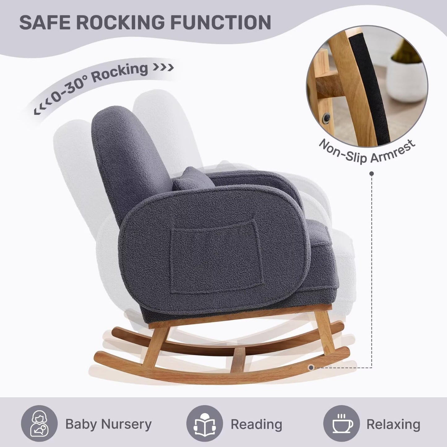 Rocking Chair with Ottoman, Upholstered Glider Rocker with High Backrest and Side Pocket, Rocking Accent Armchair with Solid Wood Legs for Nursery, Living Room, Bedroom Green