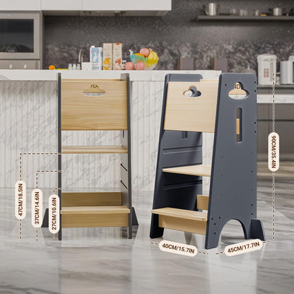 COSYLAND Toddler Standing Tower Adjustable Height - Super Stable Kids Kitchen Stool Helper - 3 Levels Adjustable Wooden Toddler Kitchen Stool (Natural & Navy Blue)