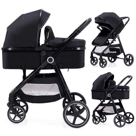 2-in-1 Baby Stroller with Bassinet Mode - Folding Infant Newborn Pram Stroller with Reversible Seat - Toddler Strollers for 0-36 Months Old Babies (Beige)