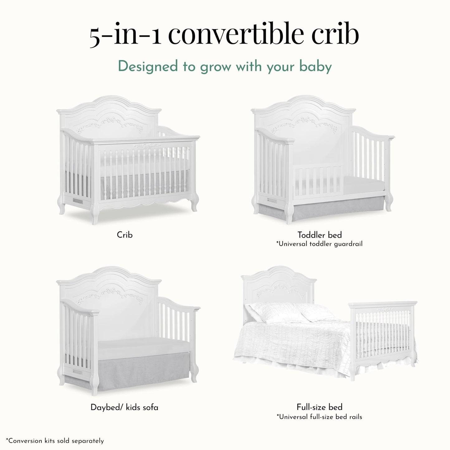 Evolur Aurora 5-in-1 Convertible Crib in Ivory Lace, Greenguard Gold Certified, Features 3 Mattress Height Settings, Sturdy and Spacious Baby Crib, Wooden Furniture