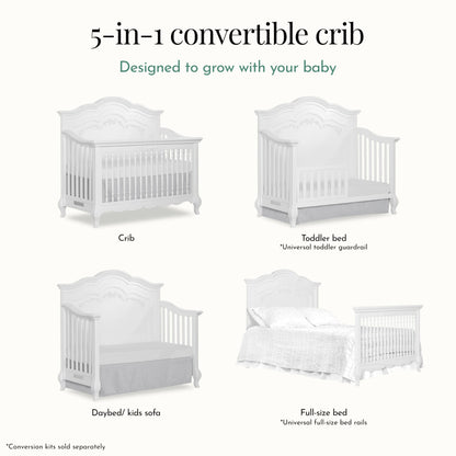 Evolur Aurora 5-in-1 Convertible Crib in Ivory Lace, Greenguard Gold Certified, Features 3 Mattress Height Settings, Sturdy and Spacious Baby Crib, Wooden Furniture
