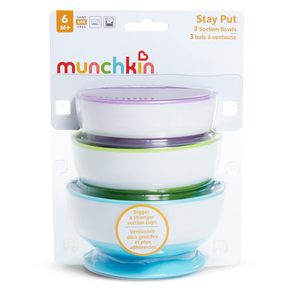 Munchkin Stay Put Suction Bowls for Baby and Toddler, 3 Pack, Blue/Green/Purple