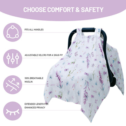100% Muslin Summer Baby Car Seat Cover, Universal Fit Infant Car Seat Canopy, Breathable & Lightweight Sun, Weather Protection for Boys & Girls