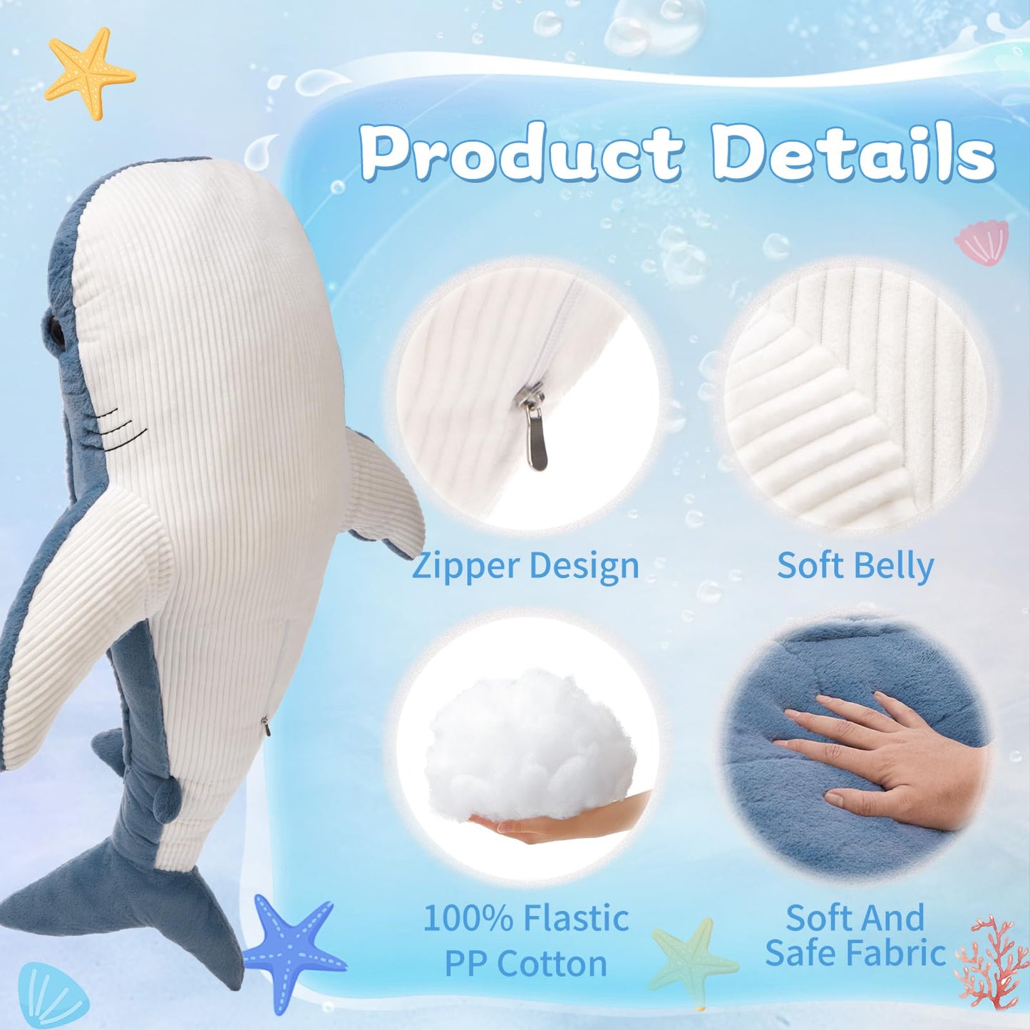 Tezituor 43.3 inch Giant Whale Stuffed Animal, Large Stuffed Whale Plush Ocean Toys, Hugging 4ft Soft Whale Plush Pillow for Girls Boys