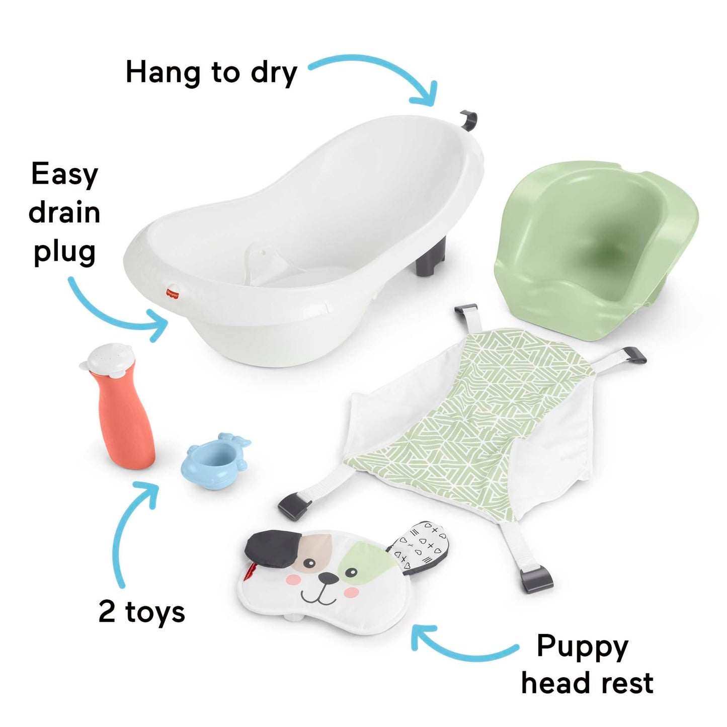 Fisher-Price Baby to Toddler Bath 4-in-1 Sling ‘n Seat Tub with Removable Infant Support and 2 Toys, Climbing Leaves