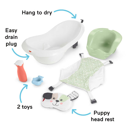Fisher-Price Baby to Toddler Bath 4-in-1 Sling ‘n Seat Tub with Removable Infant Support and 2 Toys, Climbing Leaves