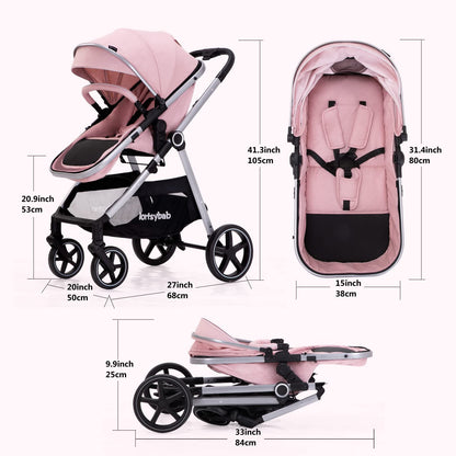 2-in-1 Baby Stroller with Bassinet Mode - Folding Infant Newborn Pram Stroller with Reversible Seat - Toddler Strollers for 0-36 Months Old Babies (Beige)