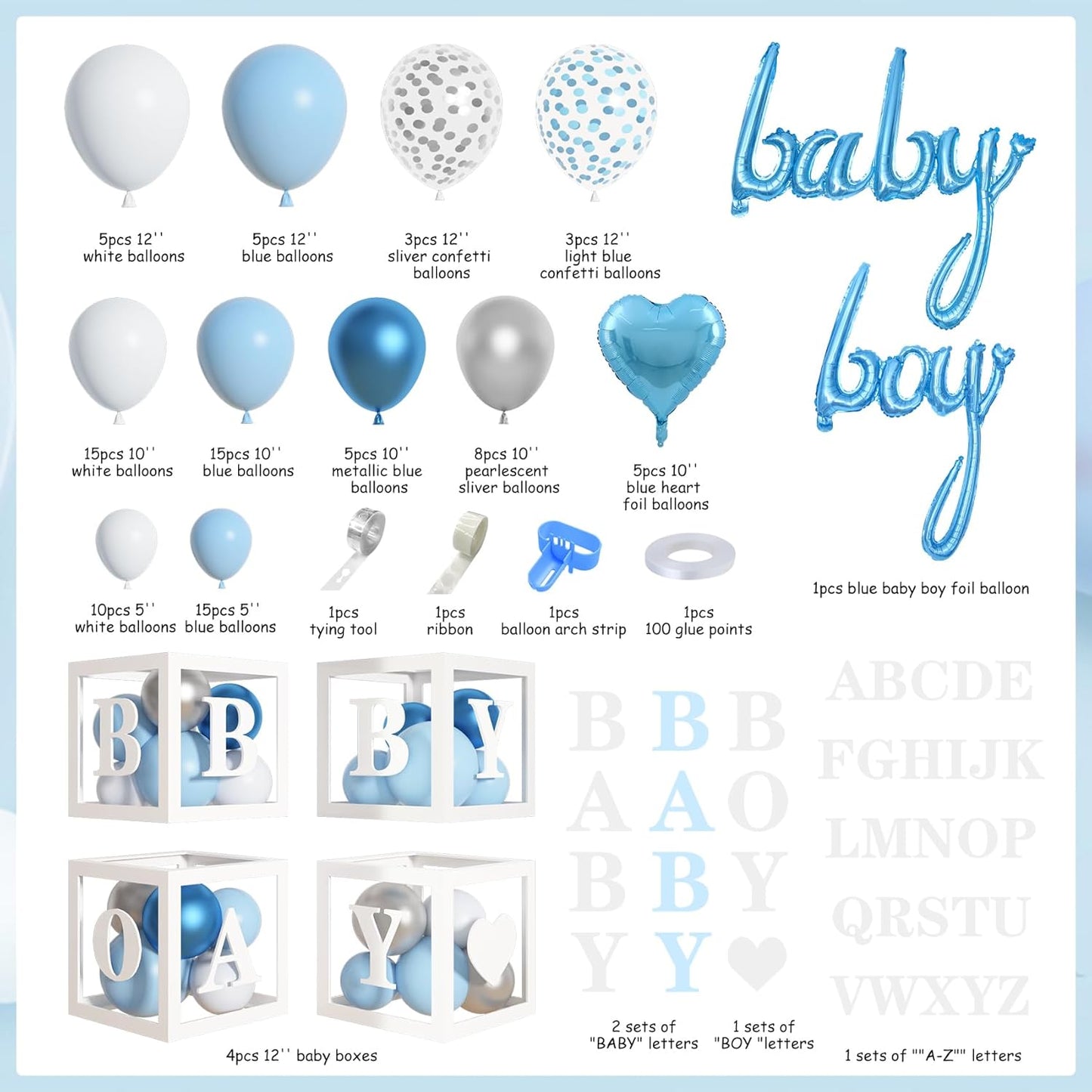 Amandir 137pcs Baby Blue Balloons Baby Shower Decorations for Boy with Baby Boxes, White Blue Balloon Arch Kit Baby Boxes with Letter (A-Z+Baby+Boy) for Boy 1st Birthday Gender Reveal Party Supplies