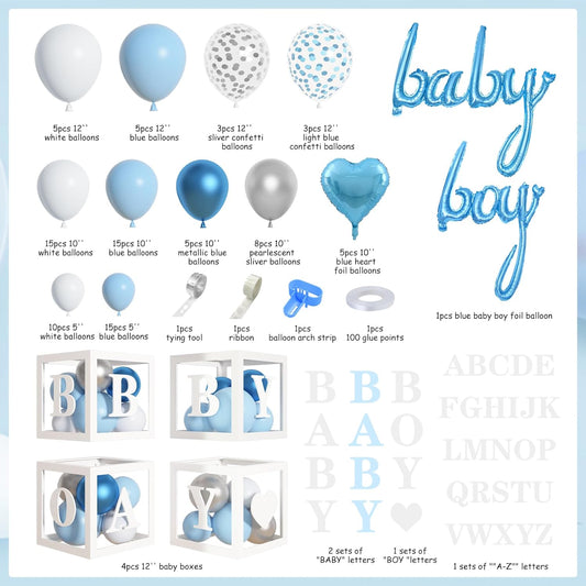 Amandir 137pcs Baby Blue Balloons Baby Shower Decorations for Boy with Baby Boxes, White Blue Balloon Arch Kit Baby Boxes with Letter (A-Z+Baby+Boy) for Boy 1st Birthday Gender Reveal Party Supplies