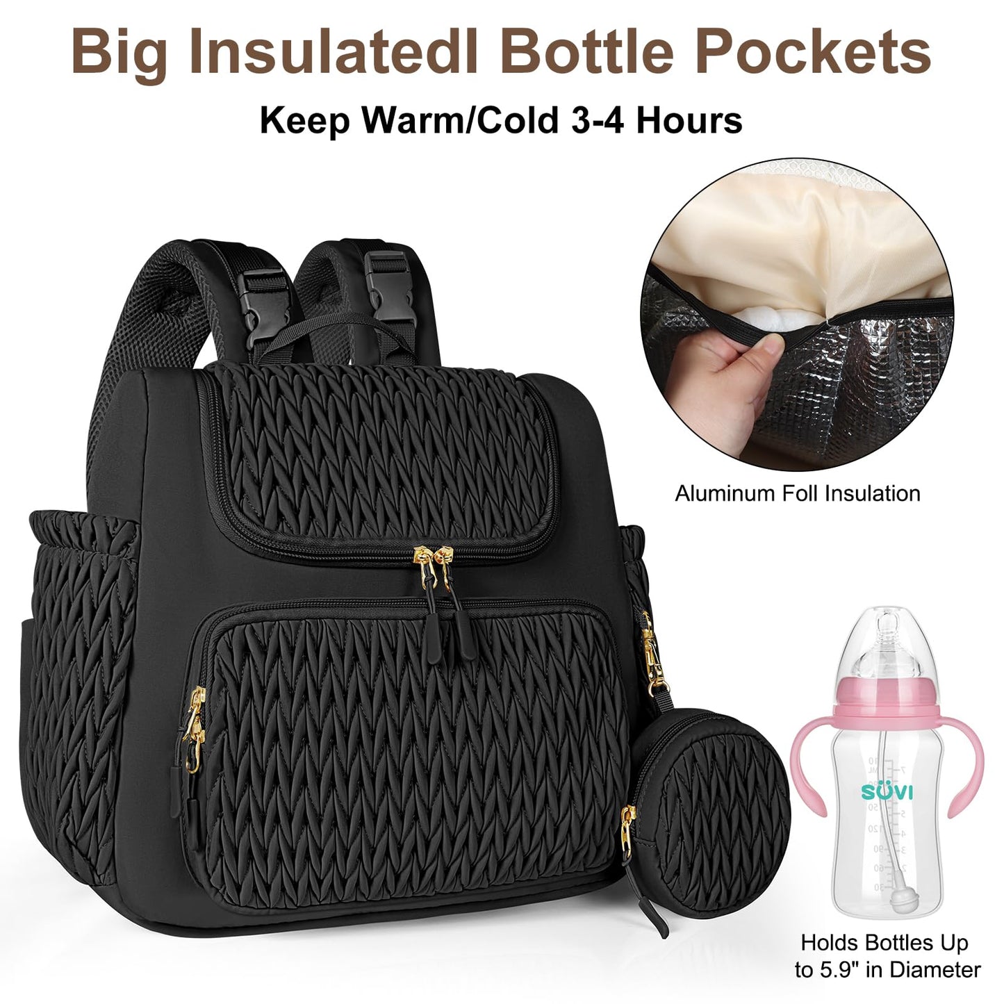 Geestock Diaper Bag Small Diaper Backpack, Stylish Quilted Baby Backpacks, Mini Maternity Bags, with Changing Pad, Pacifier Case & Stroller Straps, Parents Essentials Diaper Bag, Black