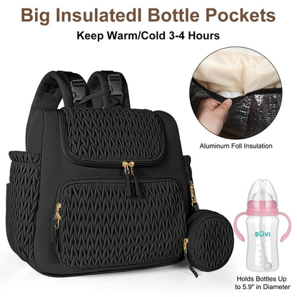 Geestock Diaper Bag Small Diaper Backpack, Stylish Quilted Baby Backpacks, Mini Maternity Bags, with Changing Pad, Pacifier Case & Stroller Straps, Parents Essentials Diaper Bag, Black