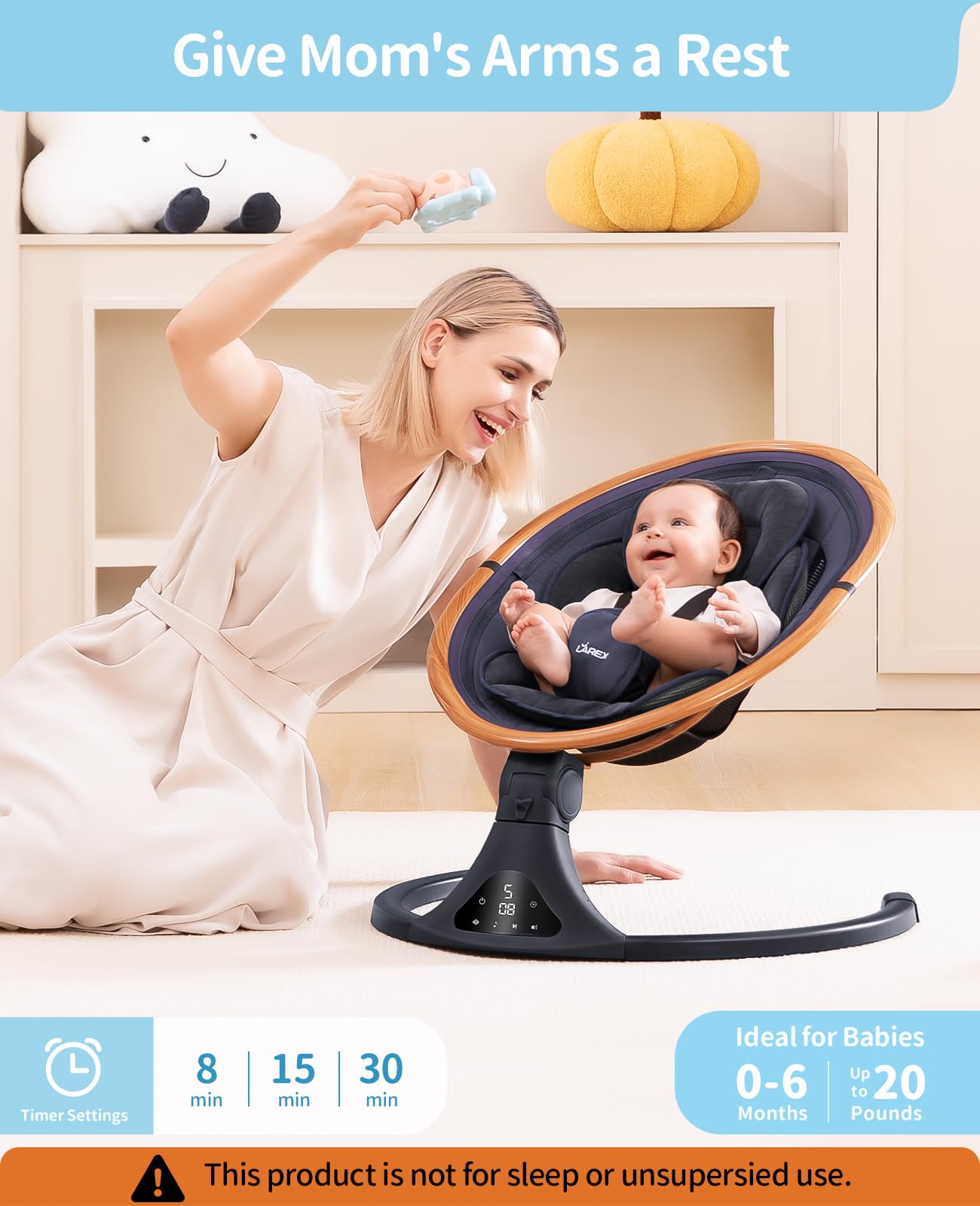 LAREX Baby Swing to Toddler Electric Infant Swing Portable for Newborn Boy Girl, 5 Sway Speeds with Remote Control, 12 Preset Melodies and Bluetooth, 0-6 Months Max 20 Lbs(Dark Wood Grain)