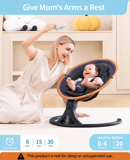 LAREX Baby Swing to Toddler Electric Infant Swing Portable for Newborn Boy Girl, 5 Sway Speeds with Remote Control, 12 Preset Melodies and Bluetooth, 0-6 Months Max 20 Lbs(Dark Wood Grain)
