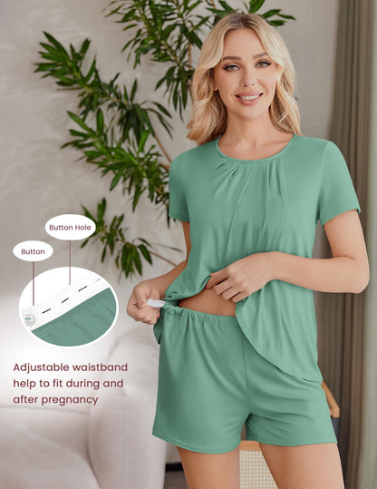 Ekouaer Women's Maternity Nursing Pajamas Set Breastfeeding Sleepwear Double Layer Short Sleeve Top & Shorts Nursing Pjs