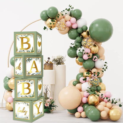 RUBFAC Sage Green Baby Boxes with Letters for Baby Shower, 4pcs Safari Baby Shower Decorations for Boy Girl Balloon Boxes Gender Reveal Birthday Party Favors