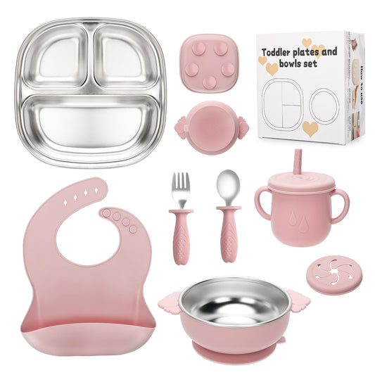 Baby Weaning Bundle, Silicone Baby Feeding Set, Comes with Detachable Silicone Stainless Steel Toddlers Plate and Bowl set, Baby Bib and 2-in-1 Water Cup and spoons (Blue)