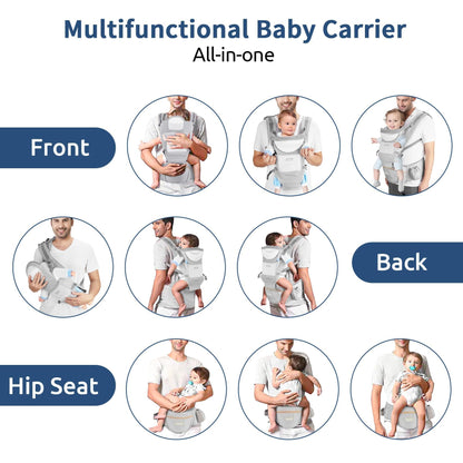 Baby Carrier with Hip Seat,Ergonomic M Position 6in1 Baby Carrier Newborn to Toddler,Head Support and Breathable Mesh Newborn Carrier,Adjustable Baby Holder Carrier for Dad&Mom-Grey