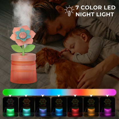 Cute Flower Mini Humidifier, 260ml Gardenia Desktop Humidifiers for Bedroom, Portable Small Cool Mist Humidification for Home, Baby Nursery, Office & Indoor Plants, USB Powered (Pink)
