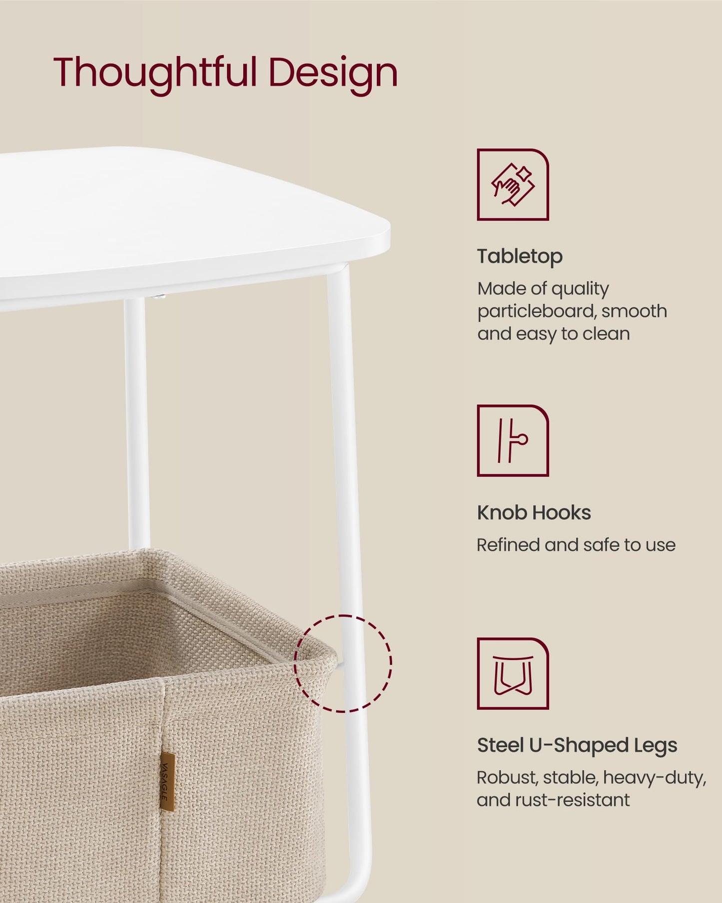 VASAGLE End Table, Small Bedside Table with Fabric Basket, Modern Nightstand, Round Side Table, for Living Room, Bedroom, Matte White and Camel Brown ULET223W10