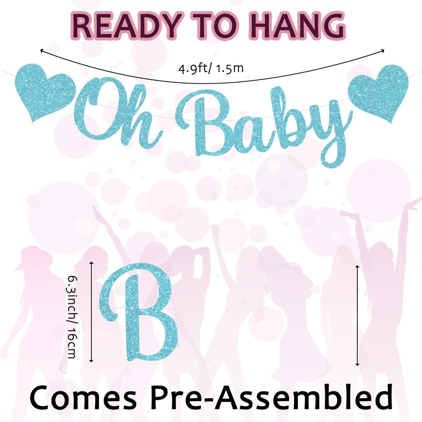 Pre-Strung Baby Shower Banner Oh Baby Sign Rose Gold Glittery Letters | Teddy Bear Gender Reveal Decorations | Baby Sprinkle Decorations for Girl Boy | Baby Gender Reveal Party Decoration Supplies