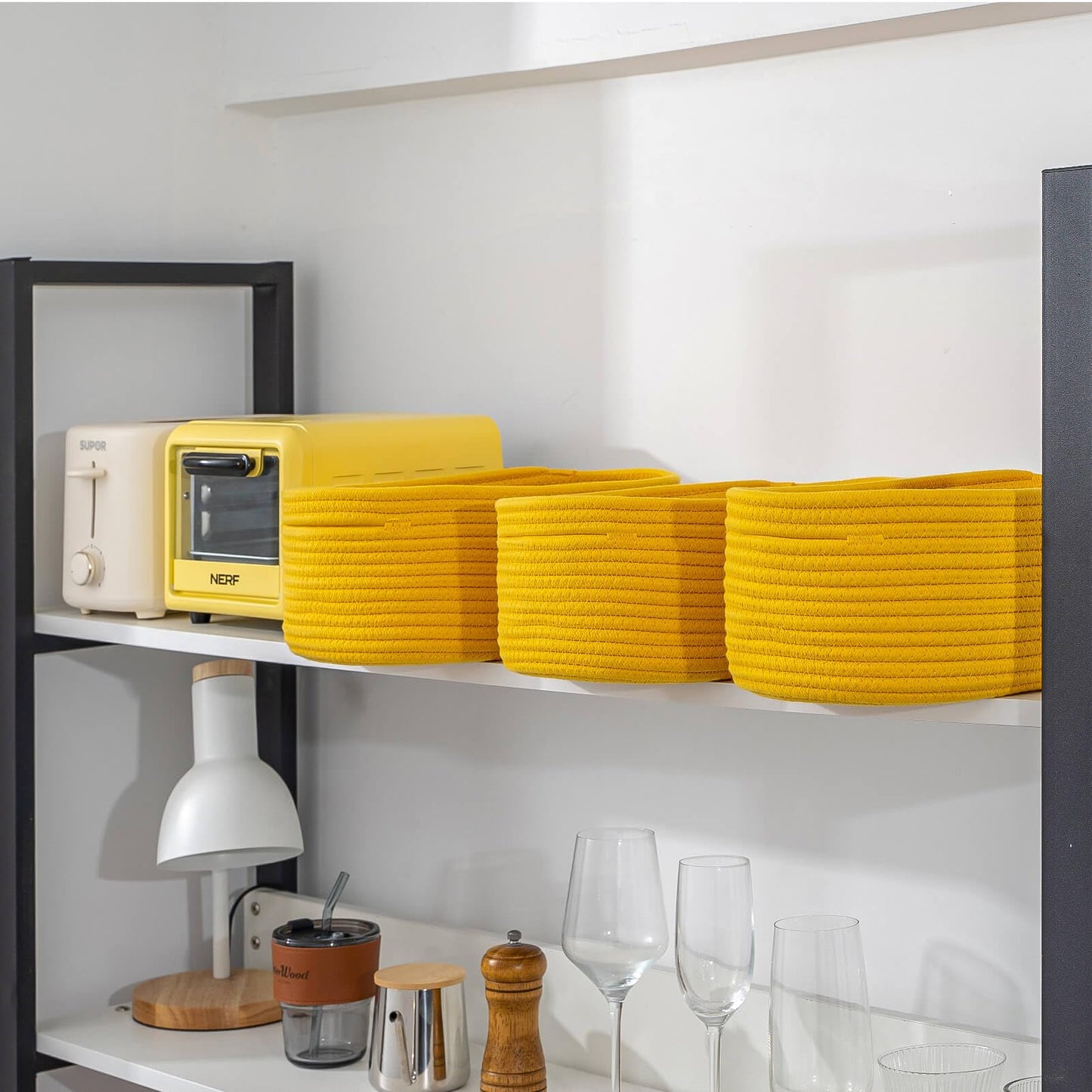 CubesLand Off White Small Storage Baskets for Shelves, Closet Organization Storage Bins Empty Gift Basket Baby Nursery Woven Baskets for Organizing, Rectangular Clothes Closet Shelves Baskets 3 Packs