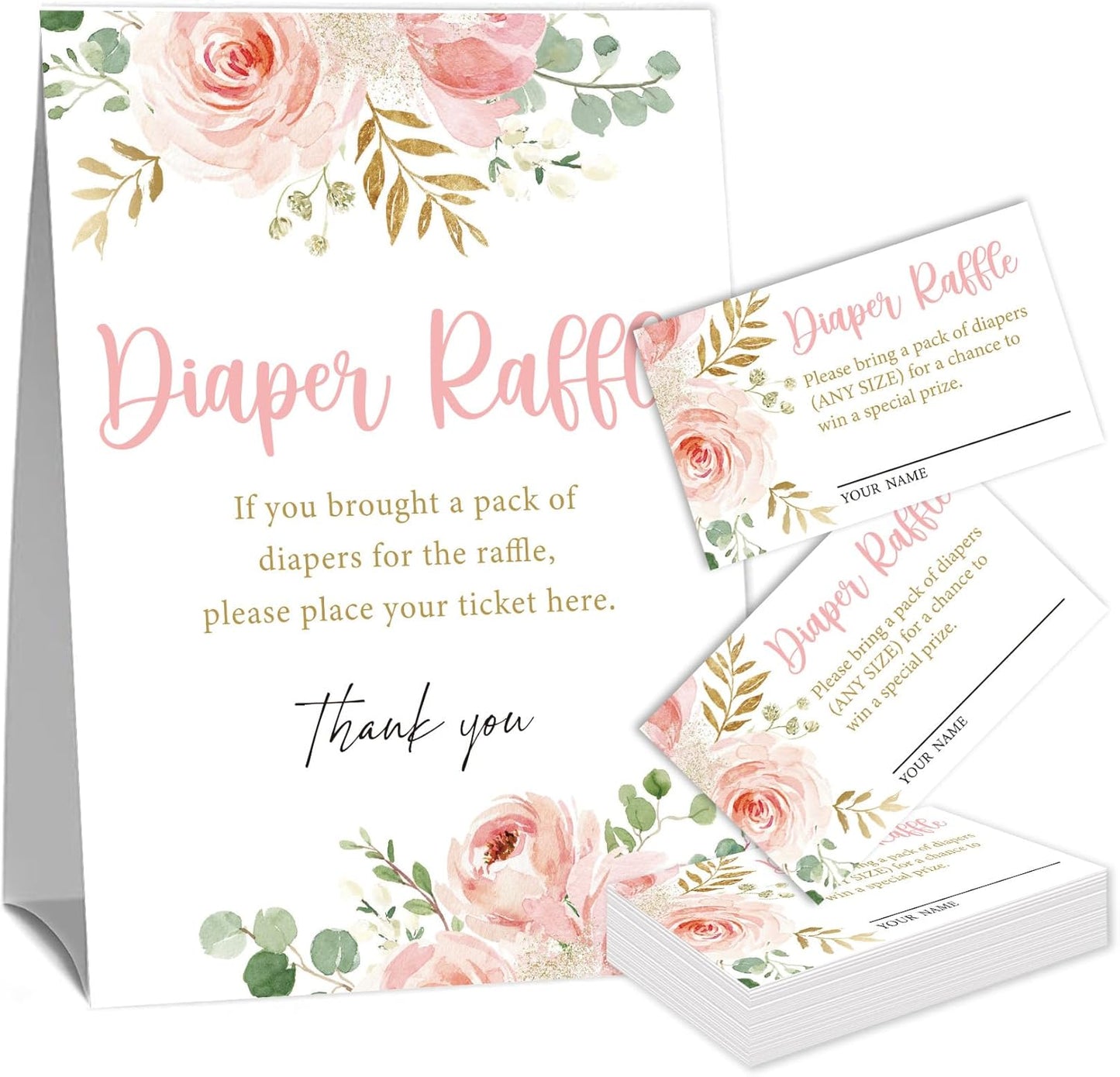 Pink Floral Diaper Raffle Cards for Baby Shower Game,1 Standing Sign & 50 Guessing Cards,Girl's Baby Shower Party Decoration,Guessing How Many Diaper Raffle Tickets