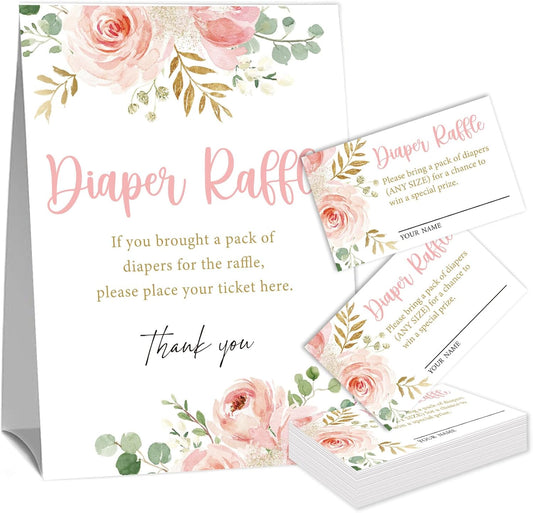 Pink Floral Diaper Raffle Cards for Baby Shower Game,1 Standing Sign & 50 Guessing Cards,Girl's Baby Shower Party Decoration,Guessing How Many Diaper Raffle Tickets