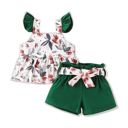 3-18M Newborn Baby Girl Pink Outfits Set Ruffle Sleeve Floral Top + Soild Shorts with Belt