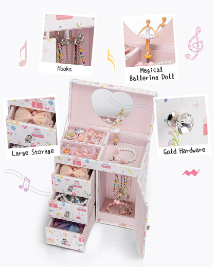 Vlando Musical Jewelry Box for Girls, Large Kid Music Box with Ballerina for Birthday Bedroom Decor, 4 Layer Girl Jewelry Gifts for Girls Kids - Light Pink