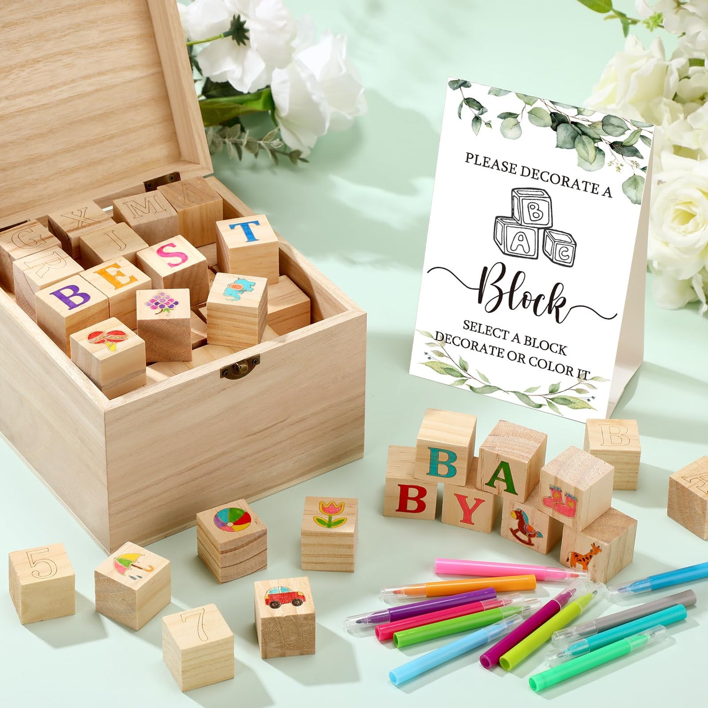 Marsui 136 Pcs Baby Shower Blocks to Decorate Game Kit Includes 98 Wooden Blocks, 36 Markers, 1 Game Sign, 1 Storage Box for Baby Shower Gender Reveal Activity Party Decorations(Pink Elephant)